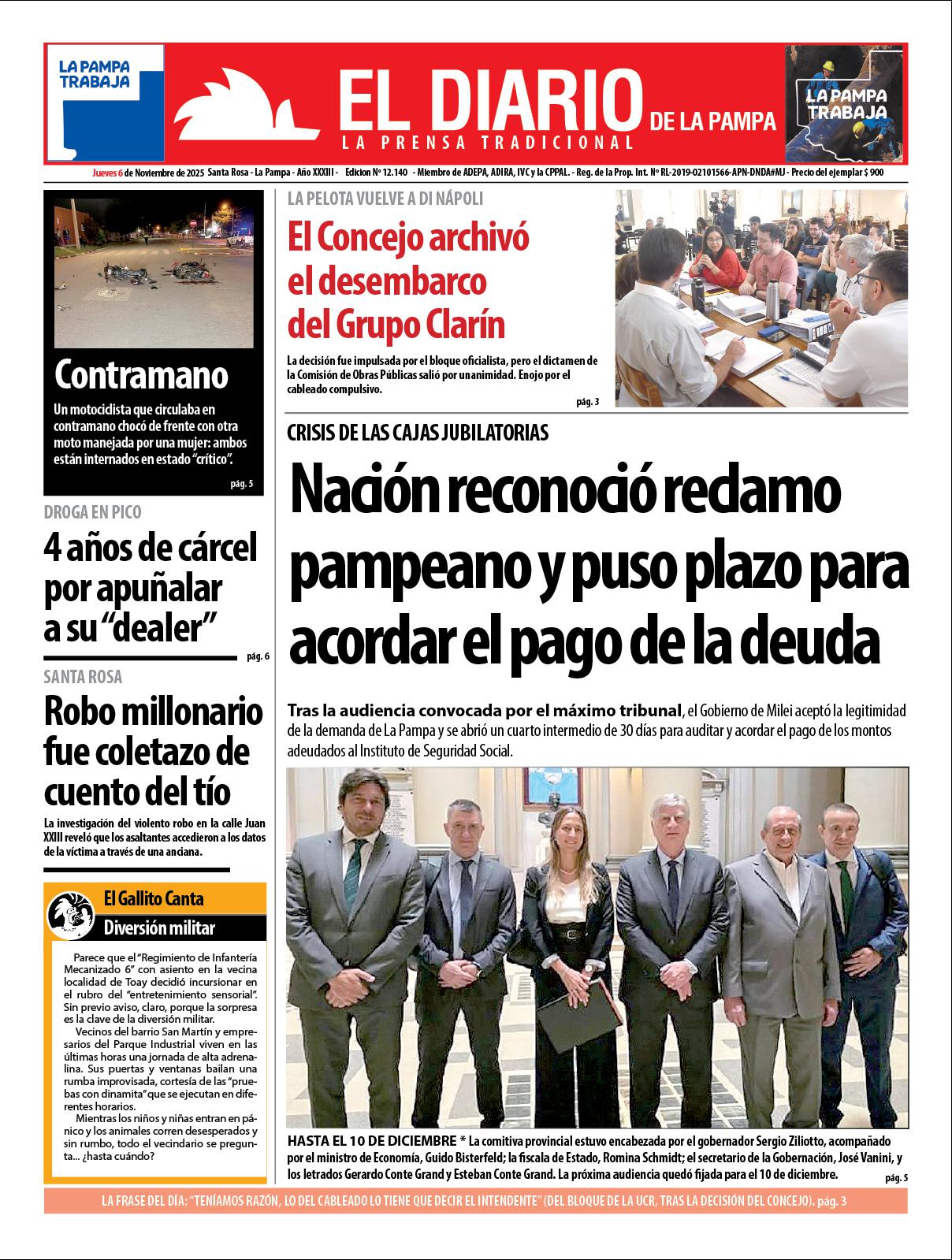 Tapa de El Diario en papel  jueves 06 de noviembre de 2025
